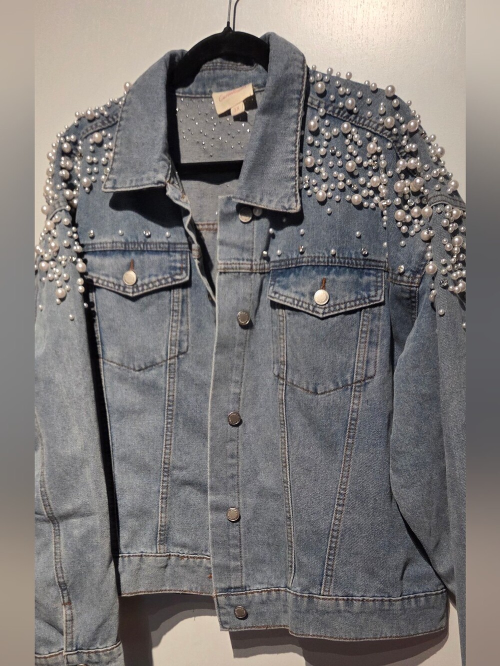 Pearl-Embellished Light Denim Jacket - Women's Jean Jacket